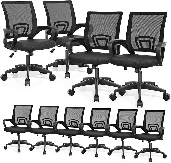 Magshion Ergonomic Office Chair 10 Pack, Mid-Back Mesh Desk Chair, Adjustable Swivel Computer Chair with Lumbar Support & Breathable Backrest for Gaming, Work, Study, 300 Lbs Capacity, Black