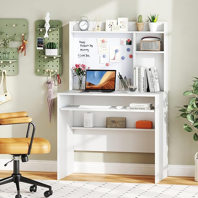 Giantex White Desk with Hutch, Small Computer Workstation with Bookshelf, Magnetic Whiteboard, PC Laptop Desk with Keyboard Tray & Cable Hole, Writing Desk for Small Spaces, Bedroom, Home Office