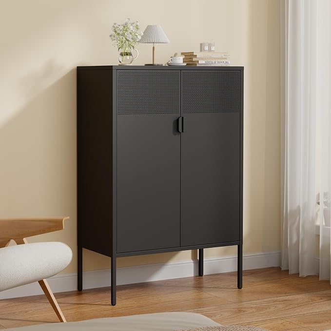 2 Mesh Door Metal Storage Cabinet with Adjustable Shelves, 3 Tier Steel Office Storage Cabinet 47''H Multipurpose Black Storage Cabinet, Metal Locker Storage Cabinet for Office, Home, Hallway