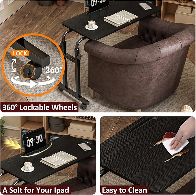 LINGMI Recliner Table, Overbed Table with Wheels Adjustable Height and Length Over Bed Desk, Hospital Heavy Duty Metal Leg Laptop Stand Tray