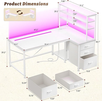 L Shaped White Desk with Aluminum LED Lights, 3 Silent Fabric Drawers & Shelf, Reversible Gaming Desk with Power Charging Station and PC Stand of Home Office Desk,Vanity Desk for Bedroom,White