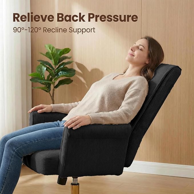 Stripes Velvet Home Office Desk Chair, Accent Upholstered Modern Height Adjustable Swivel Chair with Wheels,Ergonomic Task Chair for Living Room,Bedroom,Vanity,Study,Office（Black）