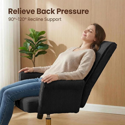 Striped Velvet Office Chair, 360° Swivel Ergonomic Task Chair with High Back, Gold Base and Wheels, Height Adjustable Modern Accent Chair for Home Office, Living Room, Study, Vanity Room (Black)