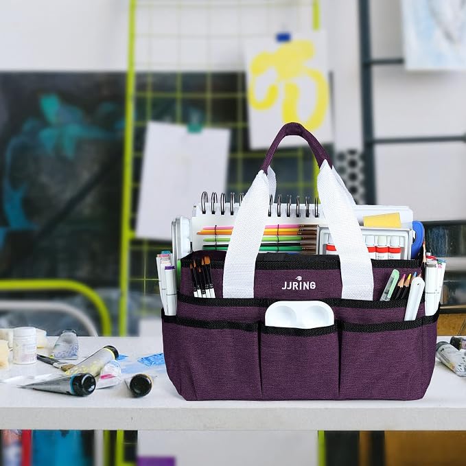 JJRING Craft Organizer Tote Bag, Art Storage Caddy with Multiple Pockets, Deep Purple Sewing Bag for Art, Craft, Scrapbooking, Medical, and Office Supplies Storage