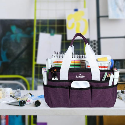 JJRING Craft Organizer Tote Bag, Art Storage Caddy with Multiple Pockets, Deep Purple Sewing Bag for Art, Craft, Scrapbooking, Medical, and Office Supplies Storage
