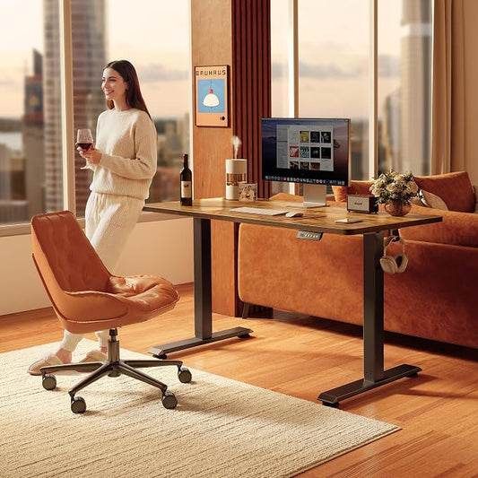 FEZIBO 40 x 24 Inchs Electric Standing Desk, Height Adjustable, Sit Stand Up, Computer Office Desk with Splice Board, Black Frame/Rustic Brown Top