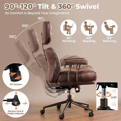 ovios Ergonomic Office Chair, High Back Faux Leather Executive Chairs with Thick Cushion, Comfy Mid-Century Modern Swivel Rolling Computer Armchair (Dark Brown, Suede Leather)