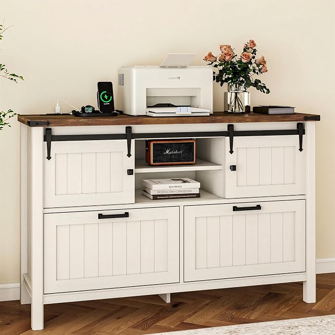 Lateral File Cabinet with Charging Station, Farmhouse Sliding Barn Doors & 2 Drawers, Antique White Printer Stand for Letter/A4/FC Hanging Folders