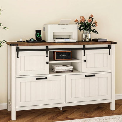 Lateral File Cabinet with Charging Station, Farmhouse Sliding Barn Doors & 2 Drawers, Antique White Printer Stand for Letter/A4/FC Hanging Folders