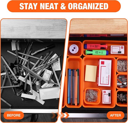ValueMax 21 PCS Desk Drawer Organizer Set, PP Material Interlocking Drawer Organizer Bins for Office, Vanity, Garage and Bathroom, Non-Silp and Two-Tone Stackable Design, Orange & Gray