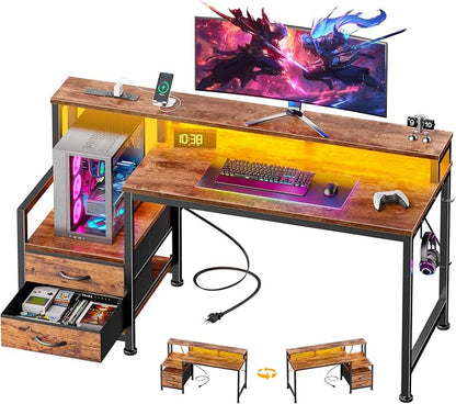 Furologee 47" Gaming Desk with LED Lights & USB-C Port, Reversible Computer Desk with Monitor Stand, Storage Shelves & 2 Fabric Drawers, Home Office Desk with Power Outlets & Hooks, Rustic Brown
