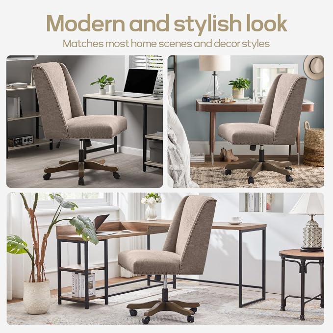 Zihanhome Upholstered Armless Office Chair with Wooden Legs, Modern Adjustable Home Office Desk Chair Computer Chair Swivel Chair for Home Office Study Studio (Brown)