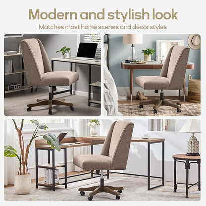 Zihanhome Upholstered Armless Office Chair with Wooden Legs, Modern Adjustable Home Office Desk Chair Computer Chair Swivel Chair for Home Office Study Studio (Brown)