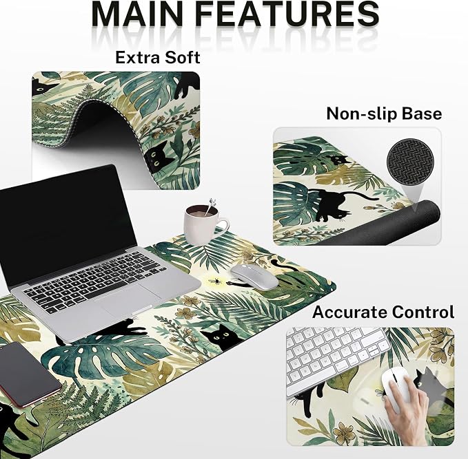 Britimes Green Tropical Plants Keyboard Mouse Pad Set Black Cats 4in1 Large Mousepad+Keyboard Wrist Rest+Mouse Wrist Rest+Coaster Ergonomic Design for Home Office Computer 35.4x15.7 inches