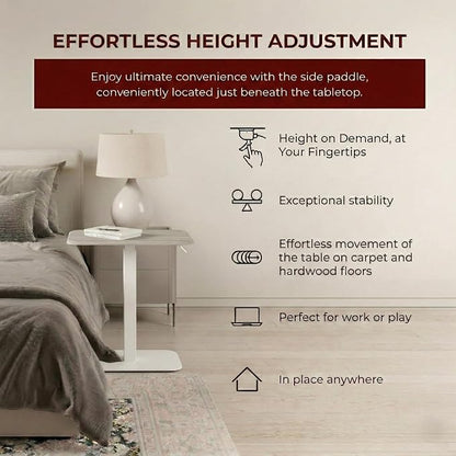 Elevance Height Adjustable Side Table, White Base, Washed Oak Top | Sofa Laptop Table for Couch & Bed | Small C-Shape End Table for Home or Office