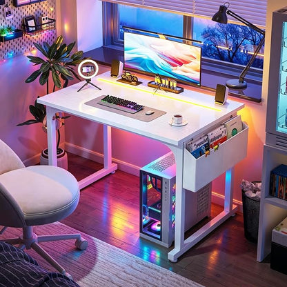 DurayLoly 32" Computer Desk with Waterproof LED Lights,Bedroom Study Desk for Teens, Dorm Room Essentials,Headphone Hook&Storage Bag for Small Spaces,Sturdy Metal Frame,White