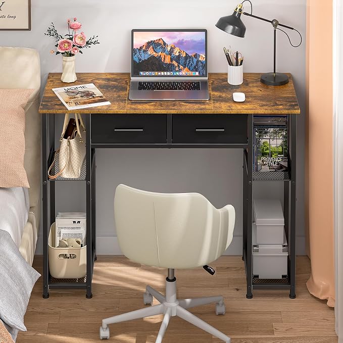DAOUTIME Computer Desk with Drawers, 37.3 Inch Home Office Work Desk with Storage Shelf, Kids Teens Study Table for Small Space, Small Writing PC Table for Bedroom Makeup Vanity Desk, Brown