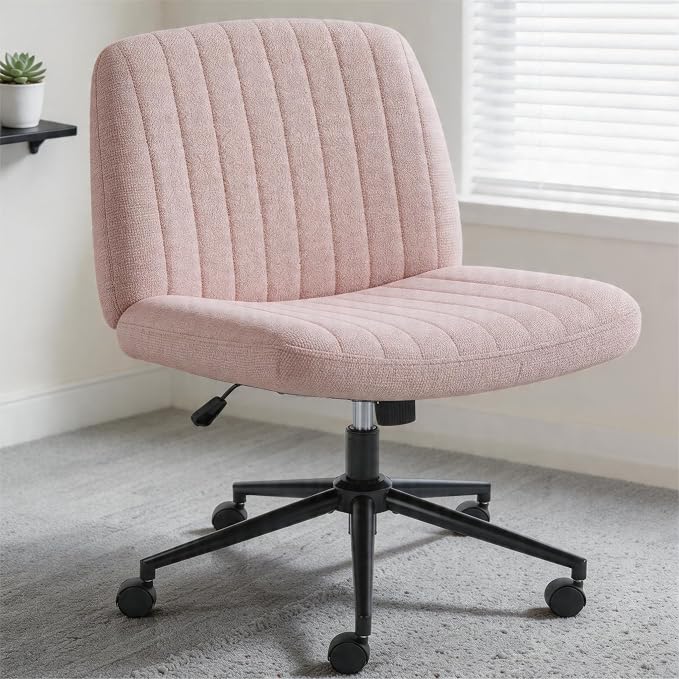 Criss Cross Chair with Wheels Wide Cross Legged Cute Office Desk Comfy Vanity Makeup Chair Fabric Height Adjustable Swivel for Home Computer Task, Pink
