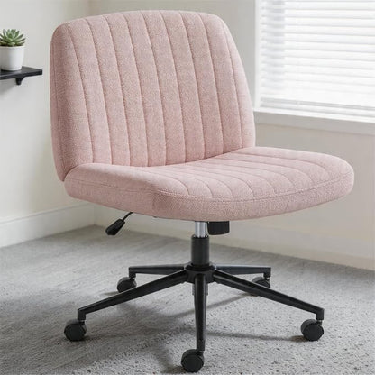 Criss Cross Chair with Wheels Wide Cross Legged Cute Office Desk Comfy Vanity Makeup Chair Fabric Height Adjustable Swivel for Home Computer Task, Pink