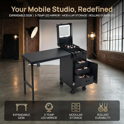 Portable Manicure Table with Storage – Travel Nail Desk | 360° Swivel Wheels Rolling Case, Professional Mobile Salon Station, Cosmetic Makeup Organizer Cart for Tech On the Go