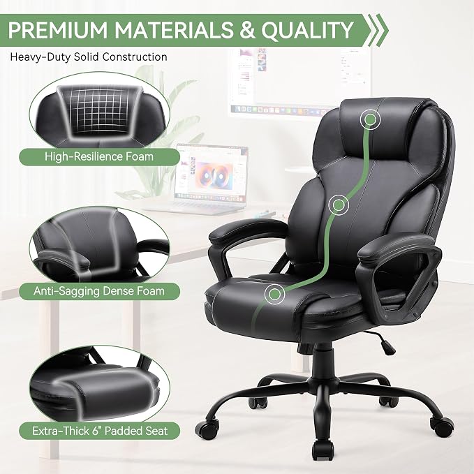 Ergonomic Office Chair with High Back, Comfy Desk Chair, Adjustable Executive Office Chair for Home Office, Big and Tall Computer Chair Heavy Duty, Set of 2, Faux Leather Black