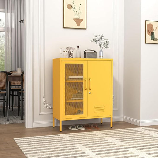 33" Metal Storage Cabinet with 2 Tier Removable Shelves Yellow Lockable Metal Bathroom Vanity Freestanding Sideboard with Mesh Doors for Home Living Room Bedroom Size：33" H X 29.5" W X 13.8" D