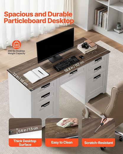 VEVOR 60" Executive Desk with Drawers, Farmhouse Home Office Desk with Charge Station, Keyboard Tray, File Storage Cabinet, 200 LBS Load Capacity Wood Table, Easy Assembly, for Work Study, Walnut
