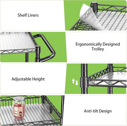 Rolling Utility Metal Carts with Wheels 3 Tier Heavy Duty Storage Cart 750Lbs Capacity Adjustable Kitchen Organizer Cart with Handle & Shelf Liner Commercial Grade Trolley for Indoor & Outdoor Use