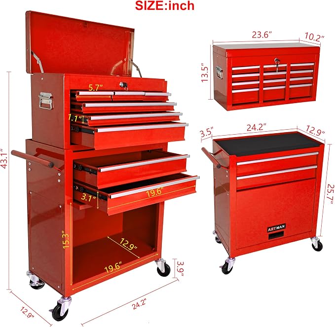 RYH 8 Drawers Rolling Tool Chest & Tool Box on Wheels | Heavy Duty Metal Cart with Ball Bearing Drawers | Fits US General Tool Box for Garage Storage (Red, 8 Drawers /43.1" H × 24.2" W)