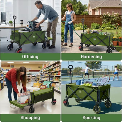 TIMBER RIDGE 49" Extra Long Collapsible Folding Wagon with Tailgate and Brakes, 300lbs Heavy Duty Wagon Carts Foldable, 250L Capacity Portable Cart for Dogs, Garden, Outdoor Camping Sports, Green