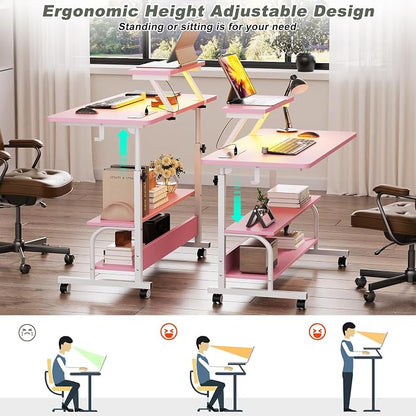 Height Adjustable Standing Desk with Power Outlets and LED Lights - 32" Manual Stand Up Desk with Monitor Stand and Storage Shelves Small Mobile Rolling Computer Desk Portable Laptop Table, Pink