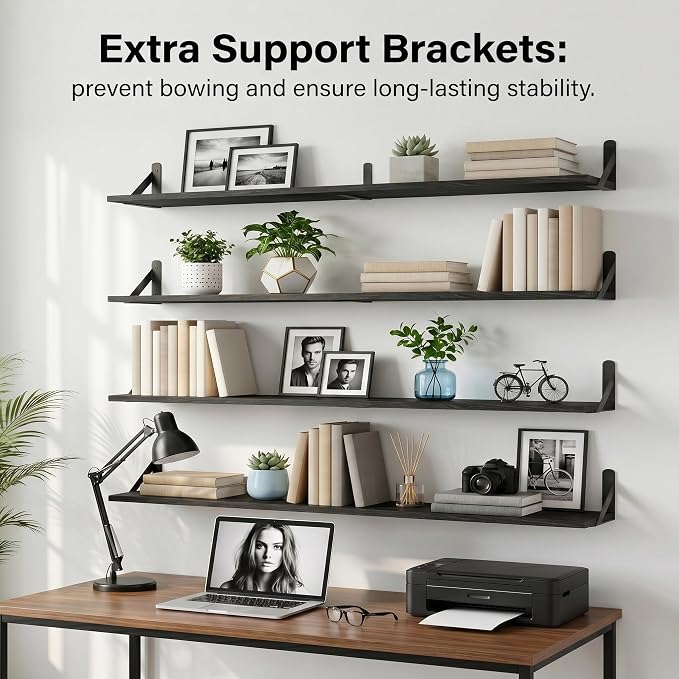 Long Wall Shelf,Large Floating Shelves for Wall,Wood Floating Bookshelves Hanging,Book Storage Display for Living Room Bedroom Office Bathroom Decor,4 Pack,57 Inch,Rustic Black