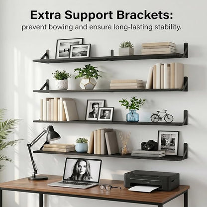 Long Wall Shelf,Large Floating Shelves for Wall,Wood Floating Bookshelves Hanging,Book Storage Display for Living Room Bedroom Office Bathroom Decor,4 Pack,47 Inch,Rustic Black