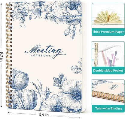 Meeting Notebook for Work Organization - Work notebook with action items, Meeting Minutes Planner Notebook, Perfect Office Supplies for Men & Women - Blue Elegance