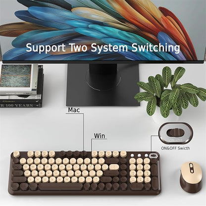 Wireless Keyboard and Mouse Combo, 2.4GHz USB Receiver, Plug and Play, Retro Full Size Typewriter Keyboard and Wireless Mouse for Computer, Laptop, Windows, Mac, and PC (Coffee)