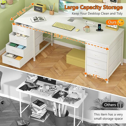 YOMILUVE 60 Inch Computer Desk with 8 Drawers, Home Office Desk with Power Outlets, Work Study Gaming Desk with 8 Fabric Drawers