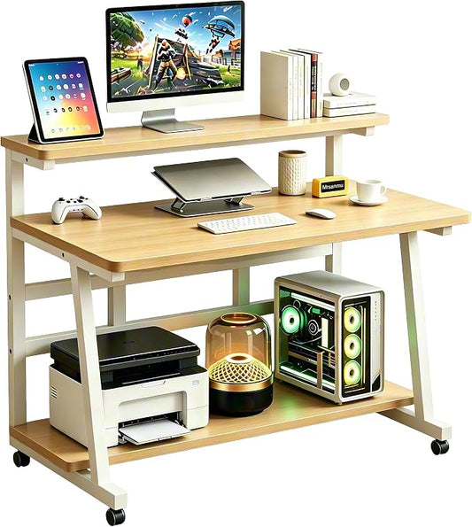 Rolling Computer Desk, 47.2 Inch Small Desks For Small Space, Portable Small Computer Desk with Monitor Stand & 3-Tier Storage, Portable Desk on Wheels for Writing, Home Office, Small Desk for Bedroom