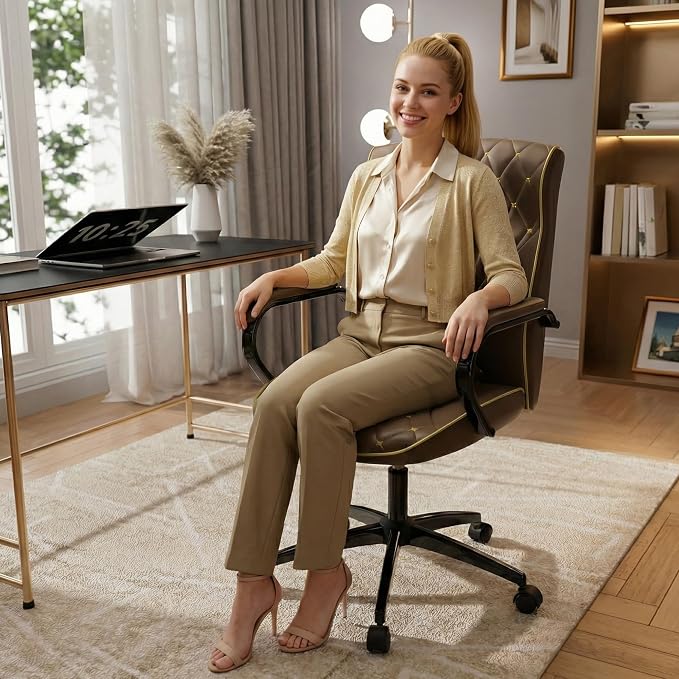 HomeZeer Brown Office Chair, Luxury Leather Executive Desk Chair | Elegant Timeless Appeal, Vintage Mid Back Styling with Wheels and Padded Arms, Thick High Density Foam Comfort