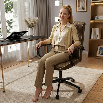 HomeZeer Brown Office Chair, Luxury Leather Executive Desk Chair | Elegant Timeless Appeal, Vintage Mid Back Styling with Wheels and Padded Arms, Thick High Density Foam Comfort