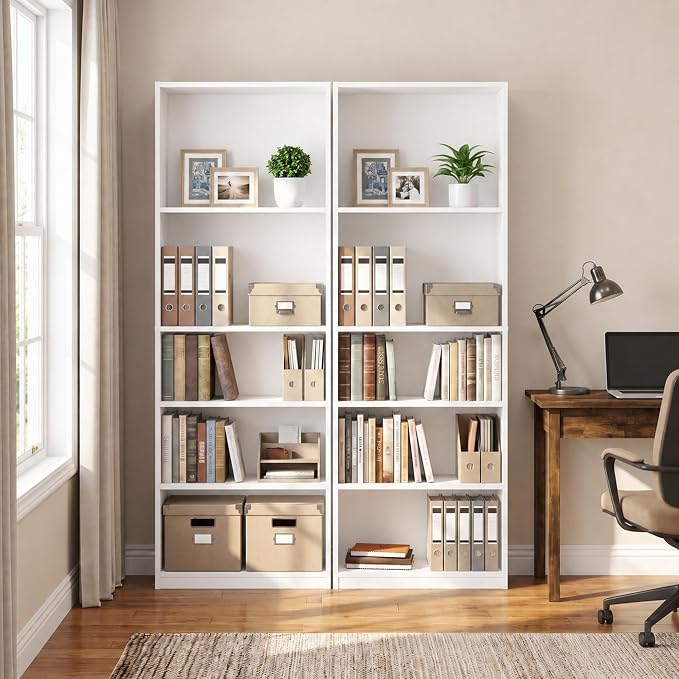 Furinno Jaya Book Shelf Set of 2, 5-Tier Bookshelf, Bookcase, with Adjustable Shelf, 9.5 x 24.5 x 71, for Home Office, Living Room, White