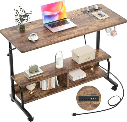 Armocity Rolling Standing Desk with Charging Station, Portable Height Adjustable Mobile Computer Desk with Wheels & 2-Tier Shelves & Hooks, Easy Assembly Laptop Table for Couch Bed, 47" Rustic Brown