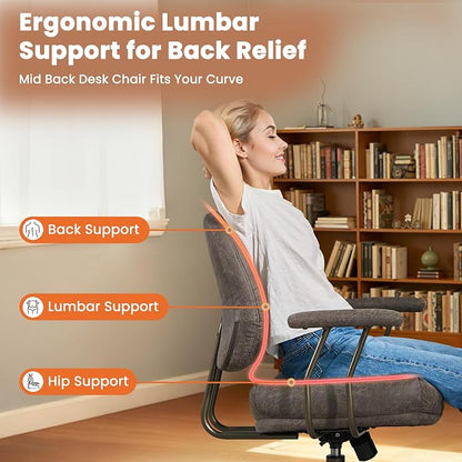 Leather Home Office Chair, Mid Back Ergonomic Desk Chair with Lumbar Support, Mid Century Modern Deep Seat Swivel Rocking Computer Chair, Dark Gray