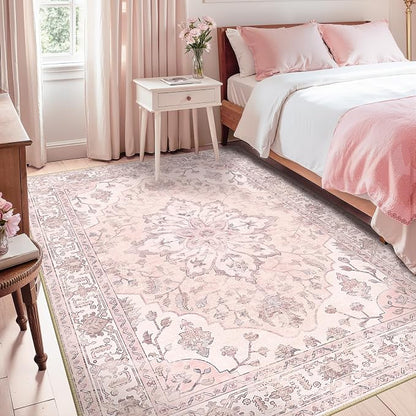 RELEANY Area Rugs 5'x8' Washable Non-Slip, Floral Vintage Distress Medallion Carpet for Living Room Bedroom Dining Room, Pink Greypink Cute