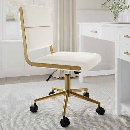 Martha Stewart Lulu Swivel Task Chair with Height Adjustable Seat for Home Office in Off White Faux Leather with Polished Brass Frame