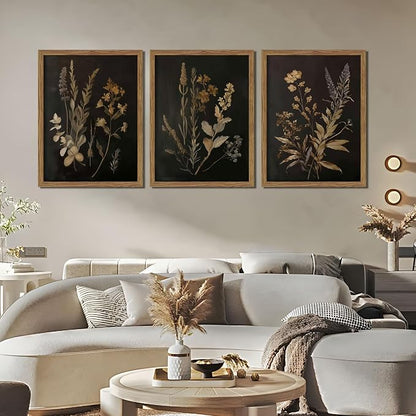 Framed Dark Botanical Wall Art Set of 3, Black Moody Floral Wall Decor Paintings, Dark Academia Decor, Vintage Flower Artwork Prints Pictures for Living Room Bedroom Bathroom 16x24 Inch