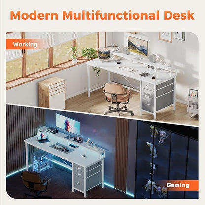 Mericonia 63 inch Computer Desk with Storage Drawers & Monitor Stand, Reversible Gaming Desk with LED Lights & Power Outlets, Large Gaming Table for Home Office