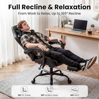 Gaming Chair, Ergonomic Computer Chair with Footrest and Lumbar Support, Height Adjustable Office Chair with 360° Swivel Seat and Headrest (Black)
