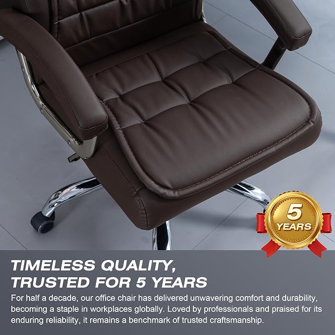 Executive Office Chair Adjustable Leather Chair High Back Swivel Office Desk Chair with Padded Armrest 350lbs Load-Bearing Spring Seat Computer Desk Chair for Home Office, Brown