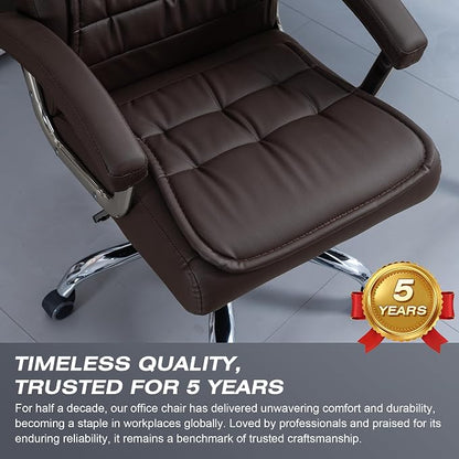 Executive Office Chair Adjustable Leather Chair High Back Swivel Office Desk Chair with Padded Armrest 350lbs Load-Bearing Spring Seat Computer Desk Chair for Home Office, Brown