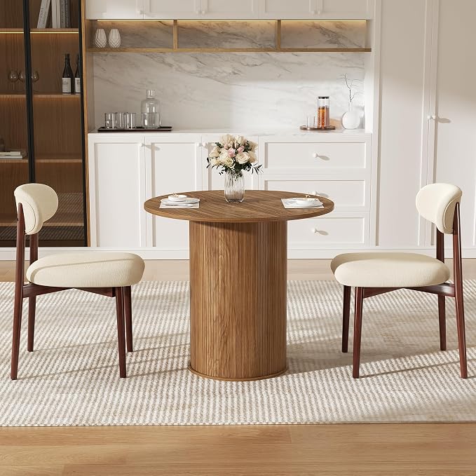 31.5 inch Round Dining Table for 2, Small Dinner Table with 2-Layer Storage Shelf, Morden Circle Kitchen Table with Strip Base and Wood Slide Door for Home Dining Room, Living Room, Chestnut